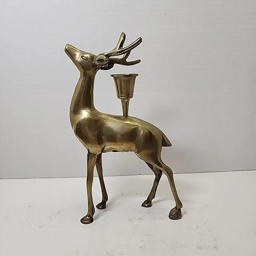 Vtg Solid Brass Reindeer Stag Deer Single Candle Holder 8